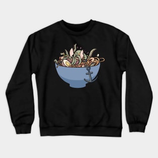 Tentacled Tug-of-War: Kraken Dragging a Ship in a Ramen Bowl Crewneck Sweatshirt